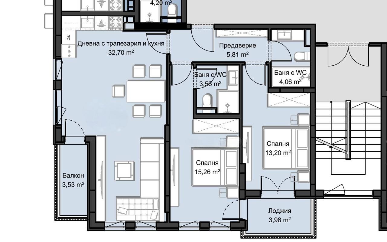Тристаен апартамент - кв. Смирненски 2