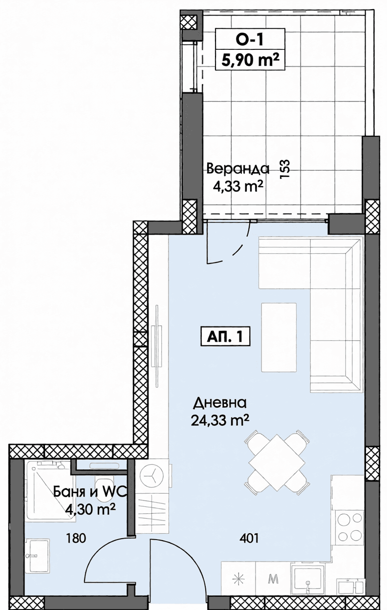 Едностаен апартамент с веранда до МОЛ ”ПЛАЗА”