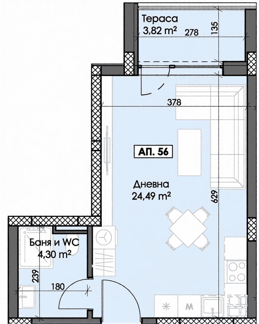 Едностаен апартамент до МОЛ ”ПЛАЗА” 2
